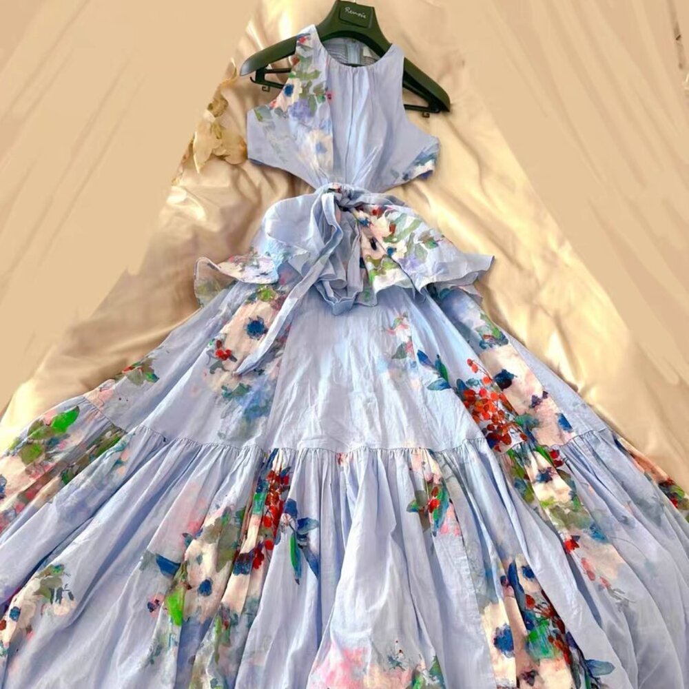 Zimmermann Blue Floral Cutout Maxi Dress Tie Waist Tiered Size 0 (US 2)